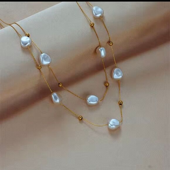 Gold Faux Pearl Multi Layered Necklace - Picture 4 of 5
